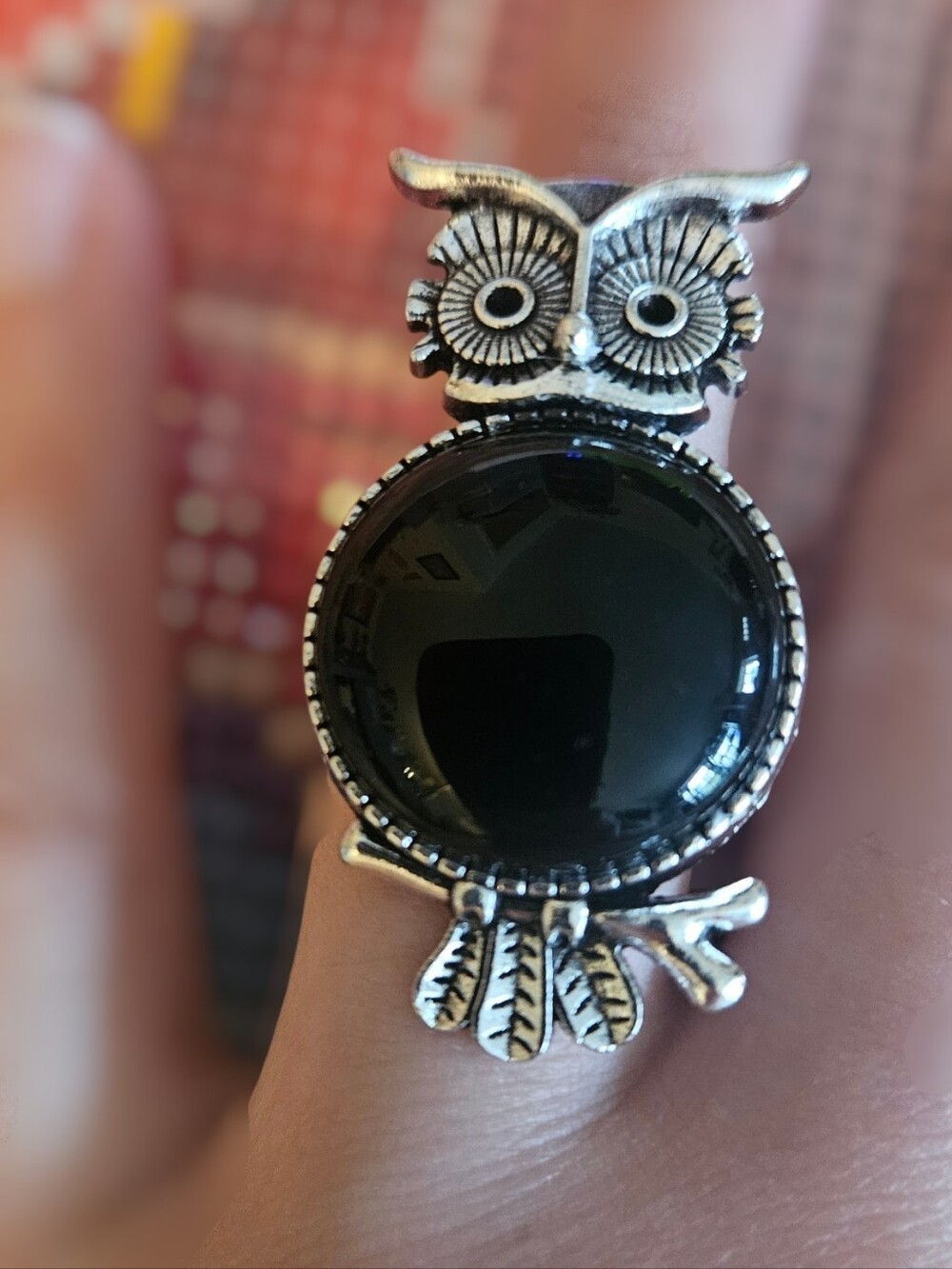 Silver Owl Ring with Black Cabochon